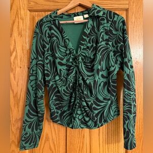 Anthropologie Green and Black Swirl Blouse